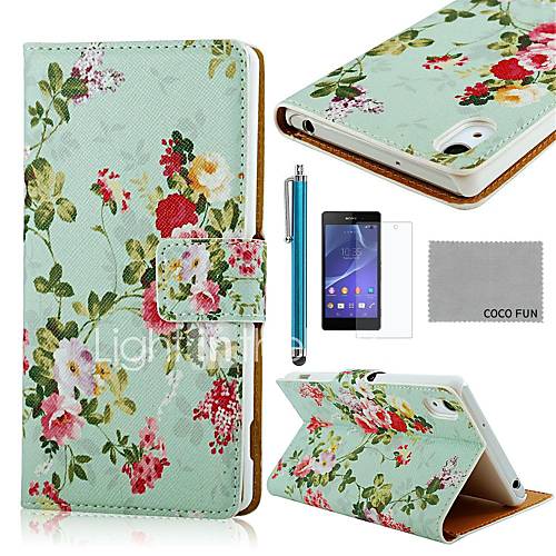 COCO FUN Flower Green Pattern PU Leather Full Body Case with Screen Protector, Stylus and Stand for Sony Z2 Compact