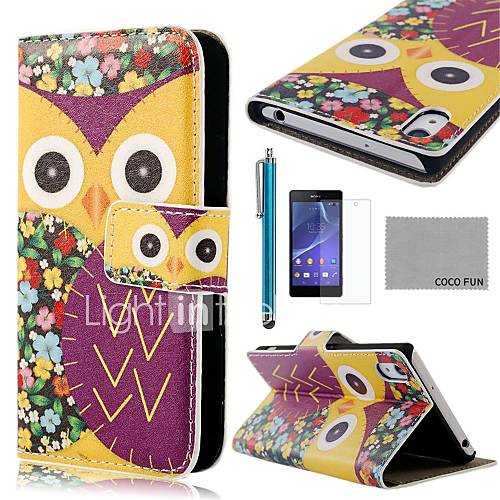 COCO FUN Purple Flower Owl Pattern PU Leather Full Body Case with Screen Protector and Stylus for Sony Z2 Compact