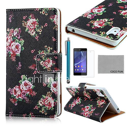 COCO FUN Rose Black Pattern PU Leather Full Body Case with Screen Protector, Stylus and Stand for Sony Z2 Compact