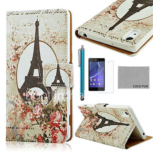 COCO FUN Rose Eiffel Tower Pattern PU Leather Full Body Case with Screen Protector and Stylus for Sony Z2 Compact