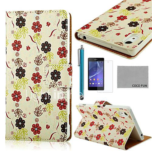 COCO FUN Flower White Pattern PU Leather Full Body Case with Screen Protector, Stylus and Stand for Sony Z2 Compact