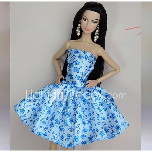 Barbie-Puppe blauen Blumensatin Mode Kleid