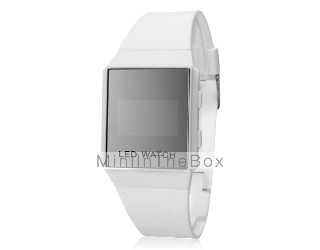 Unisex Square Mirror Face Red LED Digital Rubber Band Wrist Watch