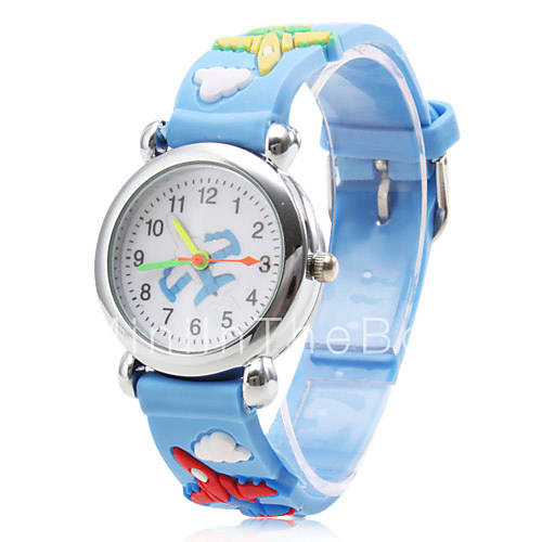 Children‘s Airplane Pattern Blue Silicone Band Quartz Analog Wrist